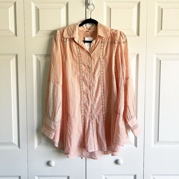 Free People Off Beat Pink Button Front Sheer Voile Tunic Women's Size X-Small XS - Picture 1 of 8